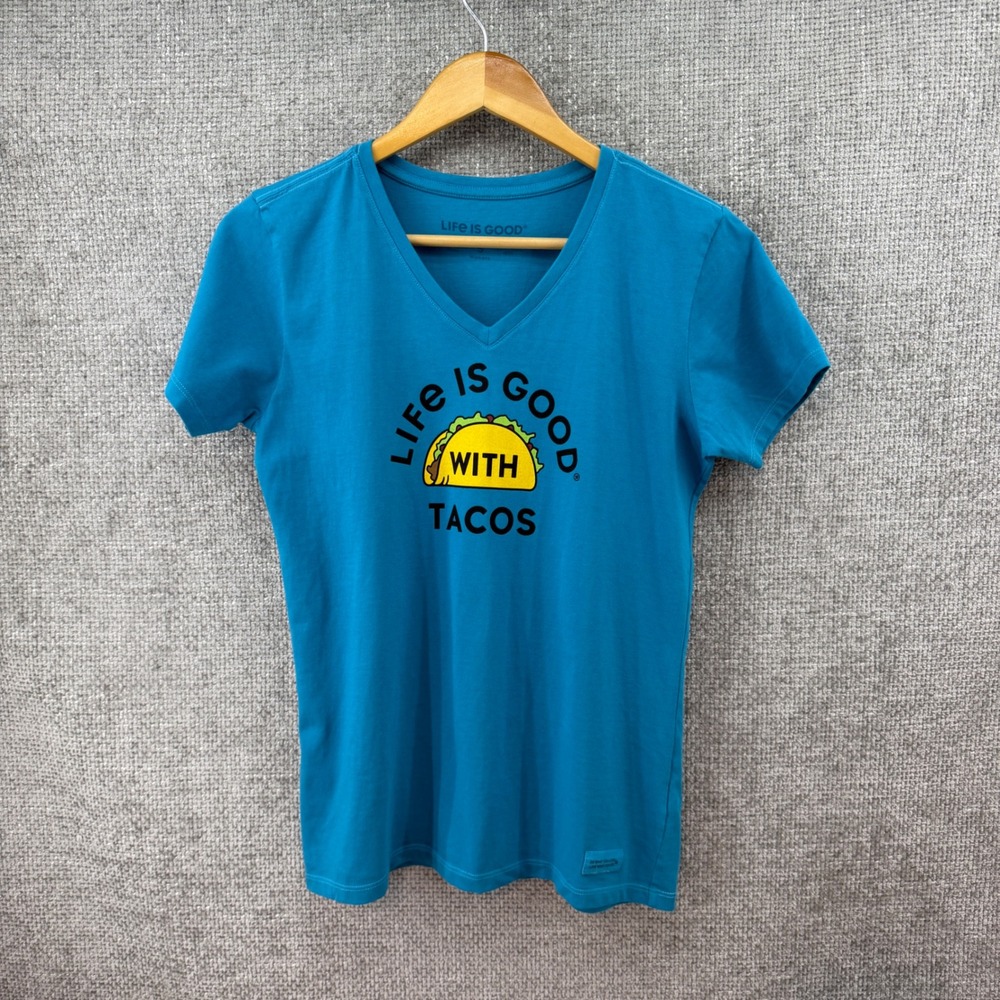 Life Is Good With Tacos Crusher Tee Women's Small Blue V-Neck T-Shirt Cotton NWT